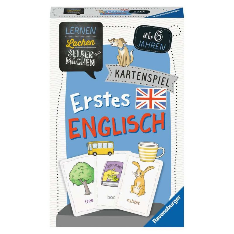 Blaue Box des Ersten Englisch Kartenspiels mit Bildkarten und englischen Begriffen für Kinder ab 6 Jahren.