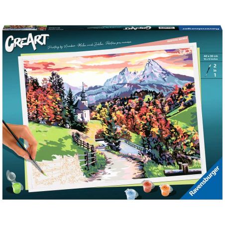 Eine Hand malt per Malen nach Zahlen eine bunte Herbstberglandschaft Farben und Pinsel liegen neben der Leinwand. Eine Hand malt per Malen nach Zahlen eine bunte Herbstberglandschaft Farben und Pinsel liegen neben der Leinwand.
