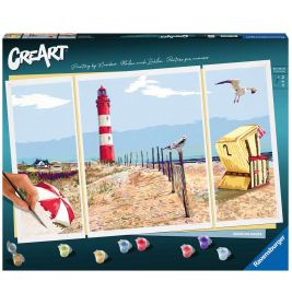 Malset mit Strandmotiv: Leuchtturm, Möwen und gelber Strandstuhl sind abgebildet.