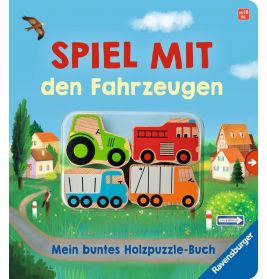 Buntes deutsches Kinderbuchcover mit Holzfahrzeugpuzzles und dorfigem Hintergrund.