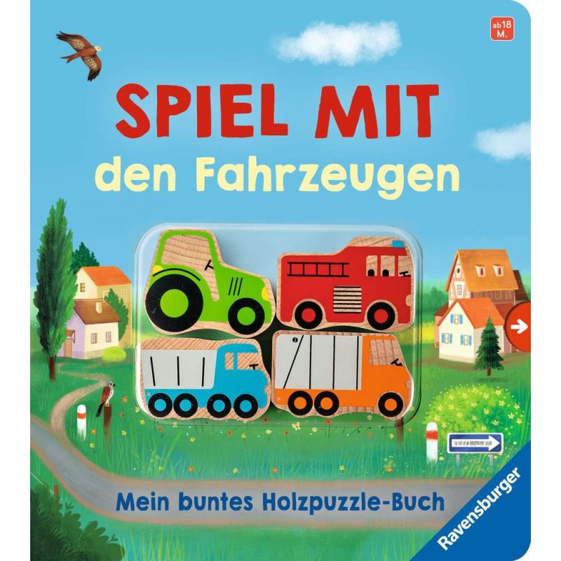 Buntes deutsches Kinderbuchcover mit Holzfahrzeugpuzzles und dorfigem Hintergrund.