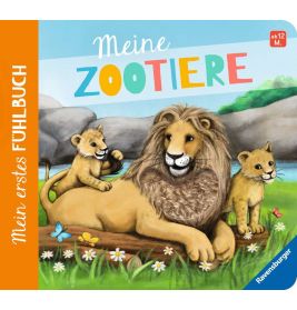 Löwe mit zwei Jungen auf Gras, deutscher Text: Meine Zootiere und Mein erstes Fühlbuch.