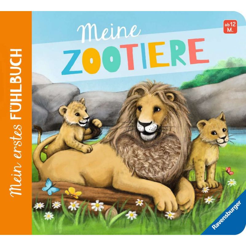 Löwe mit zwei Jungen auf Gras, deutscher Text: Meine Zootiere und Mein erstes Fühlbuch. Löwe mit zwei Jungen auf Gras, deutscher Text: Meine Zootiere und Mein erstes Fühlbuch.