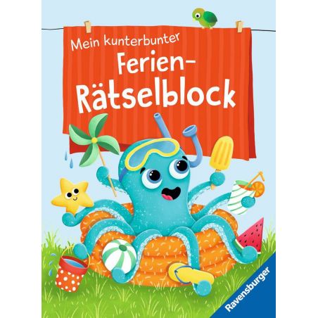 Ein fröhlicher blauer Oktopus mit Sommerartikeln sitzt im Pool unter einem roten Ferien-Rätselblock-Schild.