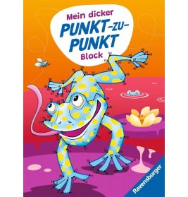 Ein blau-gelber Frosch mit Zahlen auf dem Körper sitzt lächelnd im rosa Teich und fängt eine Fliege mit der Zunge.