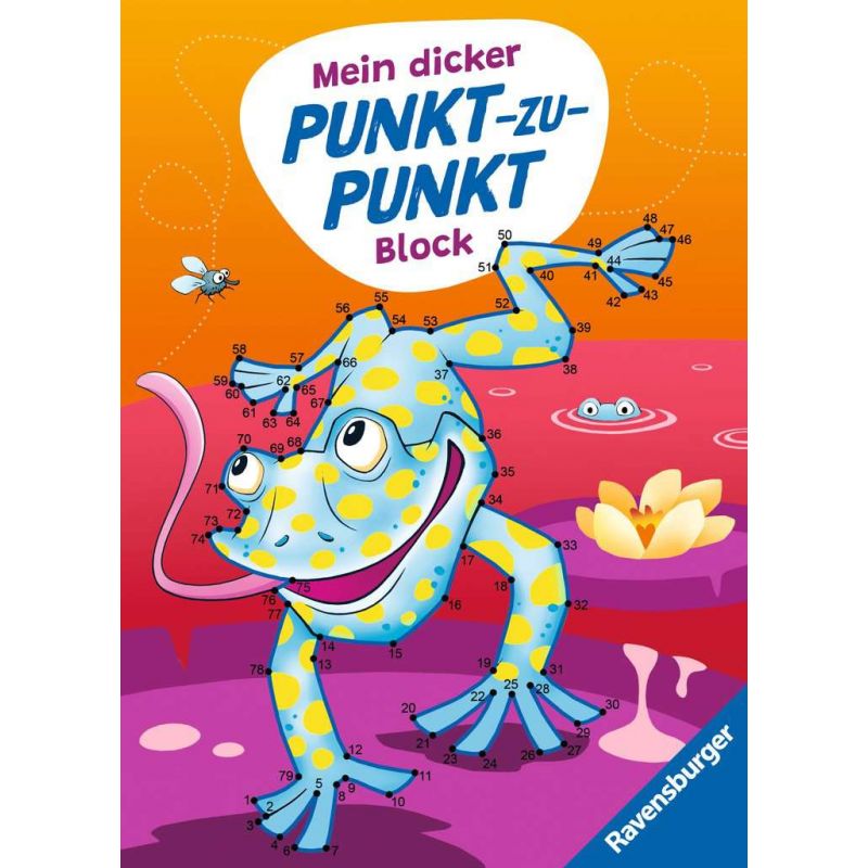 Ein blau-gelber Frosch mit Zahlen auf dem Körper sitzt lächelnd im rosa Teich und fängt eine Fliege mit der Zunge.