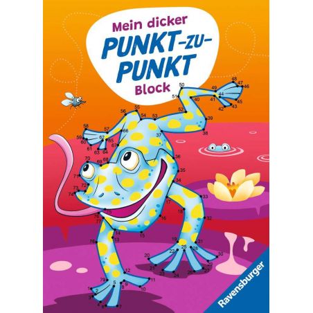 Ein blau-gelber Frosch mit Zahlen auf dem Körper sitzt lächelnd im rosa Teich und fängt eine Fliege mit der Zunge.