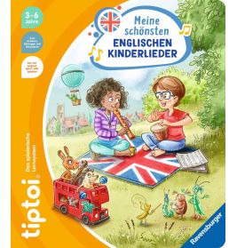 Zwei Kinder musizieren auf einer britischen Flagge im Park, umgeben von Tieren und London-Motiven.