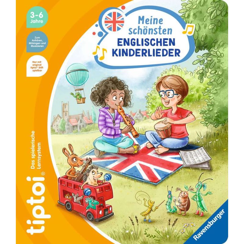 Zwei Kinder musizieren auf einer britischen Flagge im Park, umgeben von Tieren und London-Motiven.