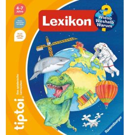 Cover einer Kinder-Enzyklopädie mit Illustrationen von Erde, Dinosaurier, Astronaut, Hai, Kran und Drohne.