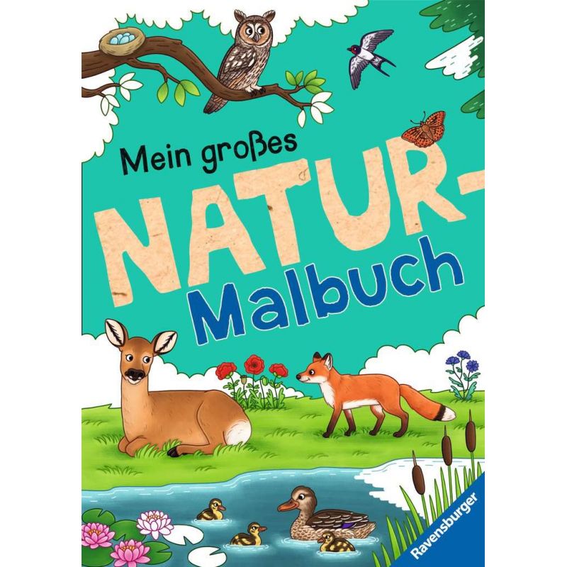 Buntes deutsches Natur-Ausmalbuch mit Hirsch, Fuchs, Eule, Ente und Frosch in lebendiger Landschaft.