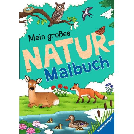 Buntes deutsches Natur-Ausmalbuch mit Hirsch, Fuchs, Eule, Ente und Frosch in lebendiger Landschaft.