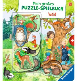 Buchcover Mein großes Puzzle-Spielbuch Wald mit illustriertem Wald, Kindern, Tieren und Puzzleteilen.