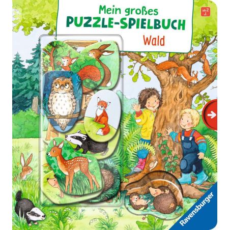 Buchcover Mein großes Puzzle-Spielbuch Wald mit illustriertem Wald, Kindern, Tieren und Puzzleteilen.