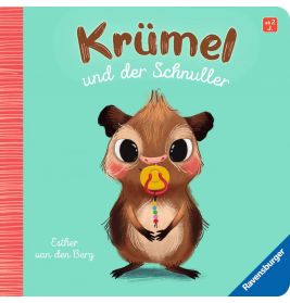 Illustration eines niedlichen braunen Tiers mit Schnuller und dem deutschen Text Krümel und der Schnuller.