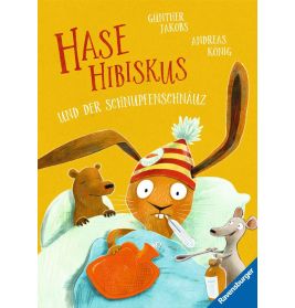 Illustration: Ein krankes Kaninchen liegt mit einem Thermometer im Bett, ein Bär und eine Maus pflegen es.
