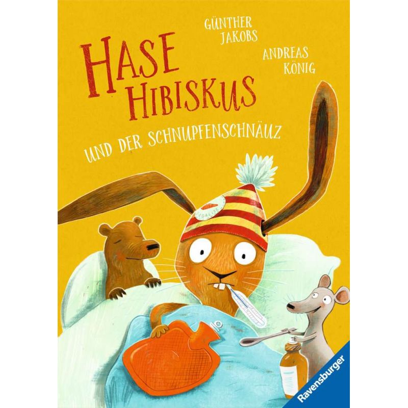 Illustration: Ein krankes Kaninchen liegt mit einem Thermometer im Bett, ein Bär und eine Maus pflegen es. Illustration: Ein krankes Kaninchen liegt mit einem Thermometer im Bett, ein Bär und eine Maus pflegen es.