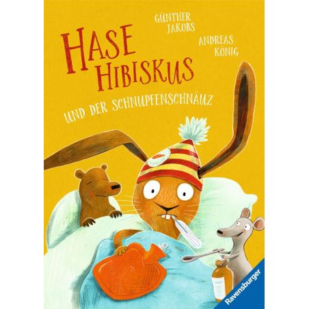 Illustration: Ein krankes Kaninchen liegt mit einem Thermometer im Bett, ein Bär und eine Maus pflegen es.