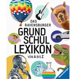 Cover einer deutschen Kinder-Enzyklopädie mit Abbildungen von Roboter, Ballon, Gitarre, Lama, Dinosaurier und Auto.