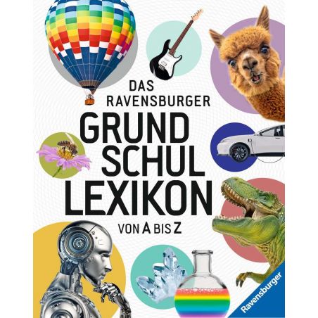 Cover einer deutschen Kinder-Enzyklopädie mit Abbildungen von Roboter, Ballon, Gitarre, Lama, Dinosaurier und Auto.