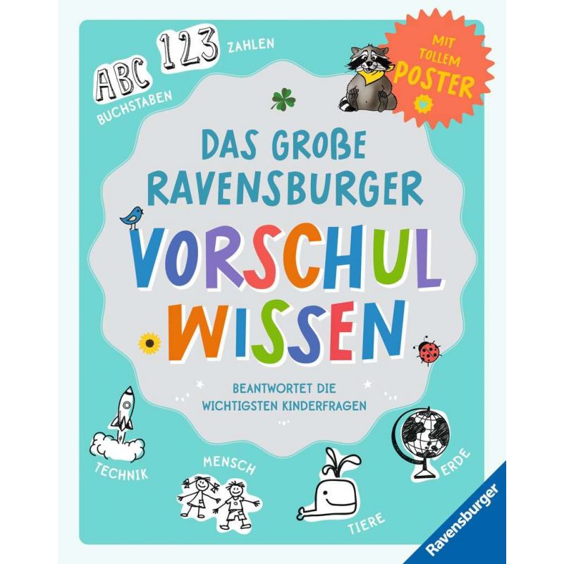 Cover eines deutschen Kinderbuchs Das große Ravensburger Vorschulwissen mit bunten Buchstaben und Illustrationen. Cover eines deutschen Kinderbuchs Das große Ravensburger Vorschulwissen mit bunten Buchstaben und Illustrationen.