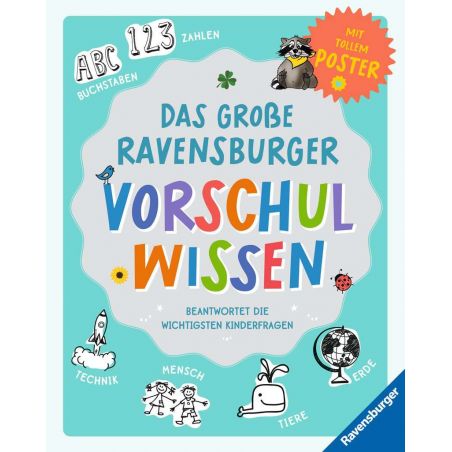 Cover eines deutschen Kinderbuchs Das große Ravensburger Vorschulwissen mit bunten Buchstaben und Illustrationen.