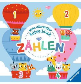 Vier bunte Heißluftballons mit Tieren und den Zahlen 1-4 unter sonnigem Himmel mit Wolken.