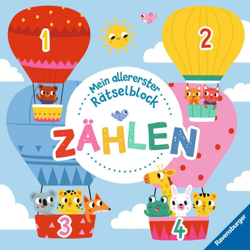 Vier bunte Heißluftballons mit Tieren und den Zahlen 1-4 unter sonnigem Himmel mit Wolken.
