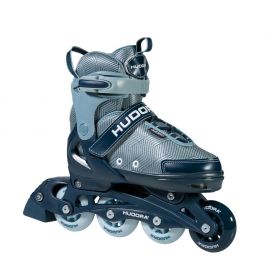 Blauer und grauer Inline-Skate mit vier Rollen, verstellbaren Riemen und HUDORA-Logo.