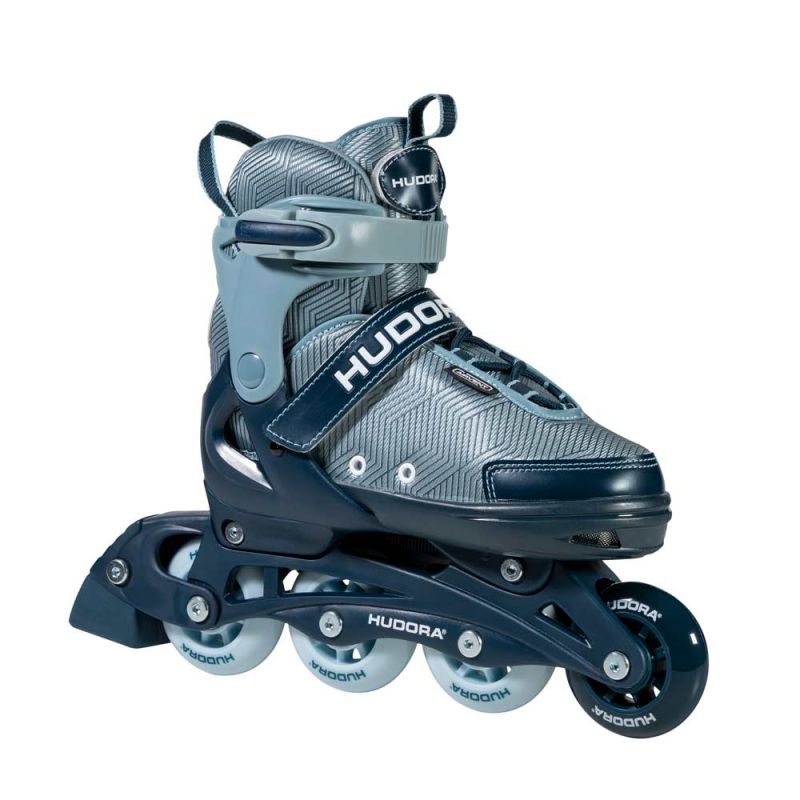 Blauer und grauer Inline-Skate mit vier Rollen, verstellbaren Riemen und HUDORA-Logo.