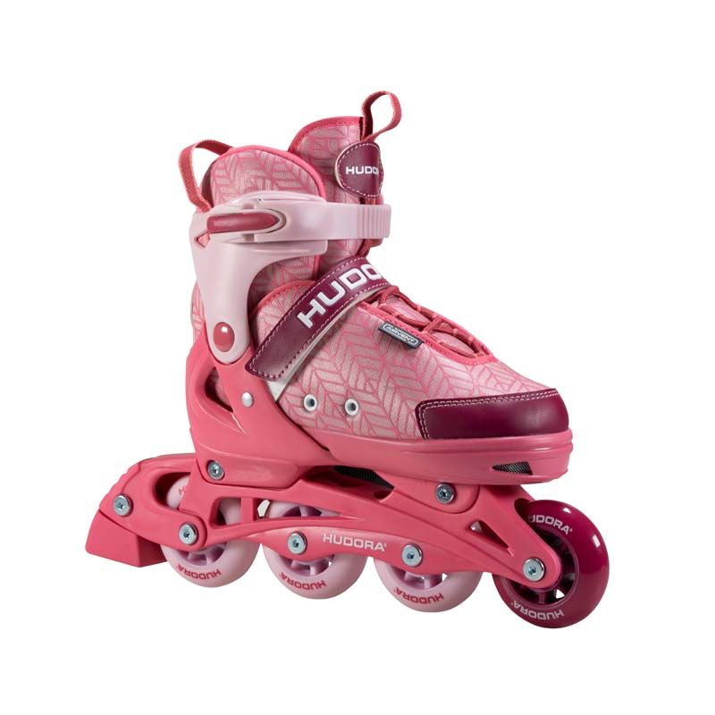 Rosa Inline-Skate mit vier Rollen, gemustertem Schuh und dem Markennamen HUDORA auf dem Boot. Rosa Inline-Skate mit vier Rollen, gemustertem Schuh und dem Markennamen HUDORA auf dem Boot.