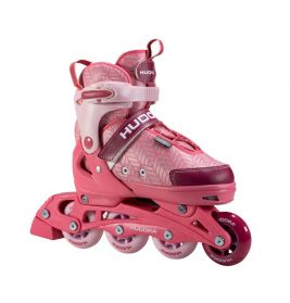 Rosa-weißer Kinder-Inlineskate mit vier Rollen und Blattmuster.
