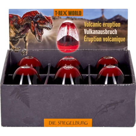 Box mit roten und schwarzen Vulkan-Ei-Spielzeugen, T-Rex-Illustration und mehrsprachigem Etikett.