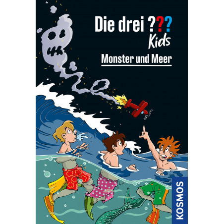 Drei Kinder schwimmen im Meer, eine Meerjungfrauenflosse ist zu sehen, darüber fliegt ein Flugzeug mit Totenkopf-Rauch.