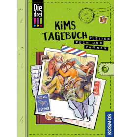 Buchcover von Kims Tagebuch mit drei Jugendlichen, Fotos, Briefmarken und Papierfliegern auf grünem Hintergrund.