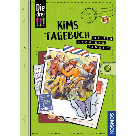 Buchcover von Kims Tagebuch mit drei Jugendlichen, Fotos, Briefmarken und Papierfliegern auf grünem Hintergrund. Buchcover von Kims Tagebuch mit drei Jugendlichen, Fotos, Briefmarken und Papierfliegern auf grünem Hintergrund.