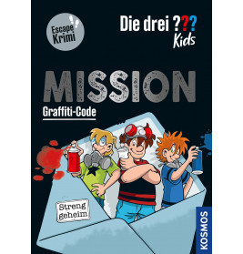 Drei Comic-Kinder mit Sprühdosen stehen vor einem Umschlag mit der Aufschrift Streng geheim auf dunklem Cover.