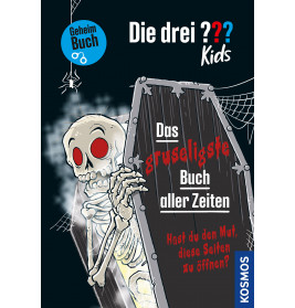 Ein Cartoon-Skelett steigt aus einem Sarg auf einem unheimlichen Buchcover mit deutschem Text und Blitzen.