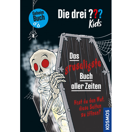 Ein Cartoon-Skelett steigt aus einem Sarg auf einem unheimlichen Buchcover mit deutschem Text und Blitzen. Ein Cartoon-Skelett steigt aus einem Sarg auf einem unheimlichen Buchcover mit deutschem Text und Blitzen.