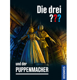 Zwei hängende Holzpuppen in altertümlicher Kleidung unter dramatischer Beleuchtung, deutschsprachiger Text darüber.