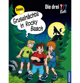 Drei verängstigte Jungen sehen im Wald einen heulenden Wolf auf einem Hügel im Mondlicht, Comic-Stil.