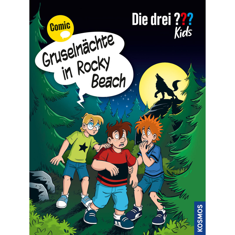 Drei verängstigte Jungen sehen im Wald einen heulenden Wolf auf einem Hügel im Mondlicht, Comic-Stil. Drei verängstigte Jungen sehen im Wald einen heulenden Wolf auf einem Hügel im Mondlicht, Comic-Stil.