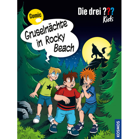 Drei verängstigte Jungen sehen im Wald einen heulenden Wolf auf einem Hügel im Mondlicht, Comic-Stil. Drei verängstigte Jungen sehen im Wald einen heulenden Wolf auf einem Hügel im Mondlicht, Comic-Stil.