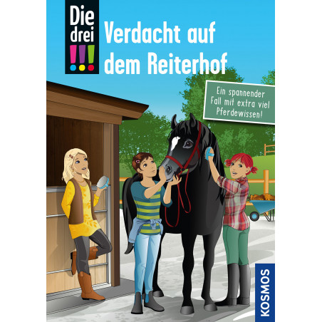 Drei Mädchen mit schwarzem Pferd vor einem Stall, eins hält ein Klemmbrett. Deutscher Text im Bild.