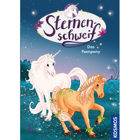 In KOSMOS Sternenschweif 76 stehen ein weißes und ein goldenes Pony auf funkelndem Gras unter Sternenhimmel.