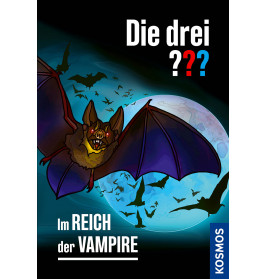 Eine große Fledermaus fliegt vor Vollmond und kleineren Fledermäusen Text: Die drei ??? Im Reich der Vampire.