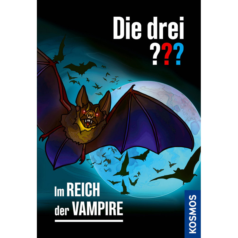 Eine große Fledermaus fliegt vor Vollmond und kleineren Fledermäusen Text: Die drei ??? Im Reich der Vampire.