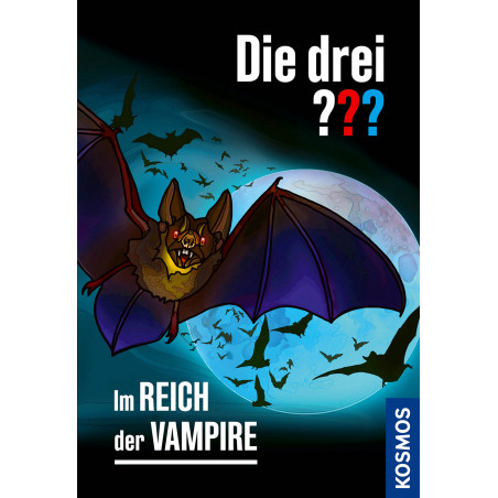 Eine große Fledermaus fliegt vor Vollmond und kleineren Fledermäusen Text: Die drei ??? Im Reich der Vampire.