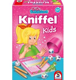 Pinkfarbene Kniffel Kids Box mit Comic-Mädchen, Würfeln, Spielblock, Stiften und einem Frosch.