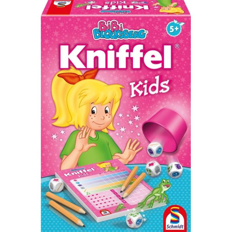 Pinkfarbene Kniffel Kids Box mit Comic-Mädchen, Würfeln, Spielblock, Stiften und einem Frosch.